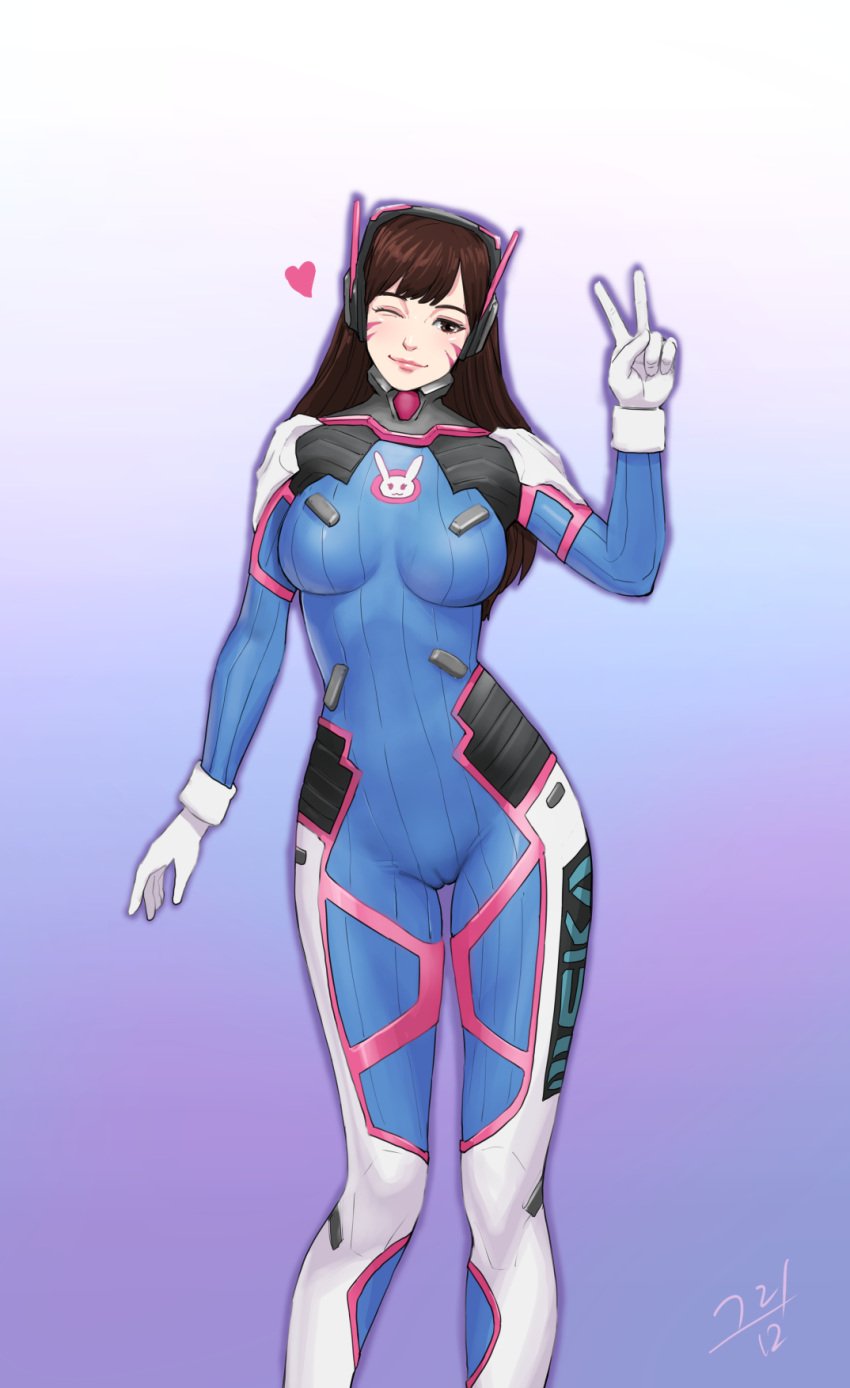 1girls aged_up big_breasts bodysuit brown_hair cameltoe closed_eyes d.va female_only long_hair looking_at_viewer mezzo_(orbanga21) overwatch pussy standing v wink yeagraam