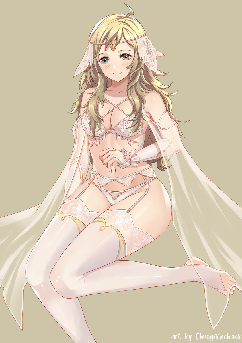 1girls artist_name blonde_hair blue_eyes bra breasts chungmechanic cleavage female fire_emblem fire_emblem_fates fire_emblem_heroes fire_emblem_if garter_straps headband high_resolution large_breasts lingerie looking_at_viewer ophelia_(fire_emblem) pantsu see-through simple_background solo thighhighs toeless_legwear toes underwear veil white_legwear white_thighhighs