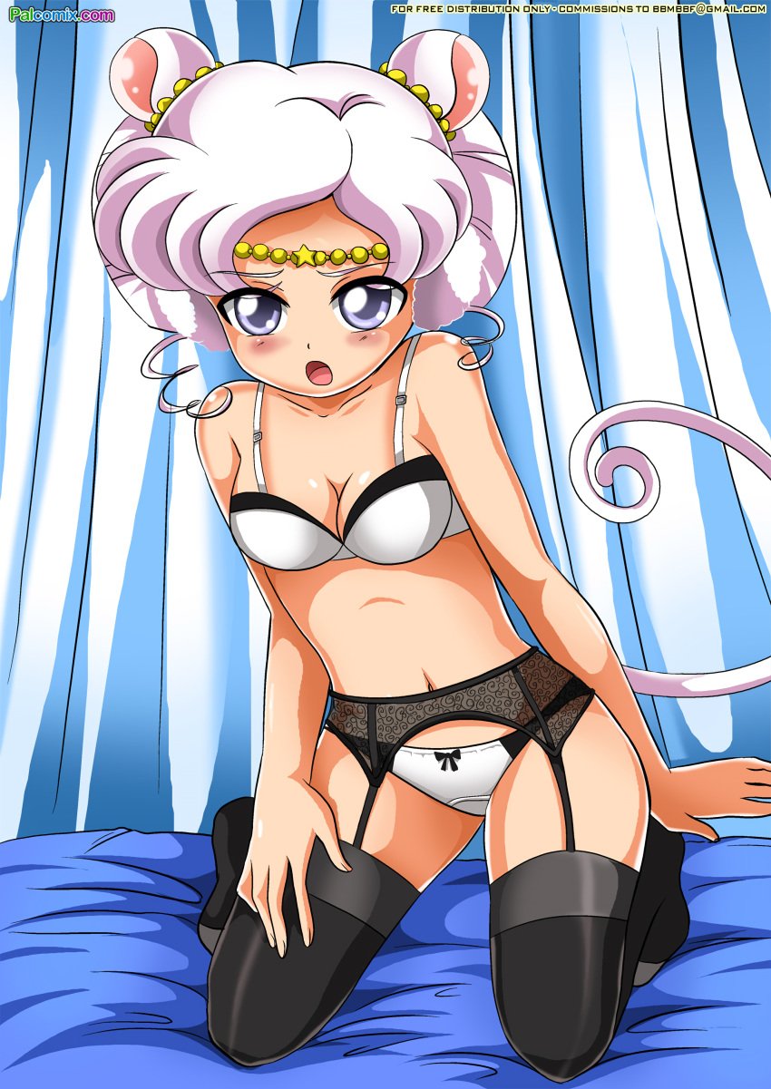 1girls animal_ears bbmbbf bishoujo_senshi_sailor_moon black_legwear blush bowtie bra breasts drill_hair grey_eyes highres jewelry kneeling lingerie looking_at_viewer mouse_ears mouse_tail navel pale-skinned_female pale_skin panties sailor_iron_mouse shadow_galactica short_hair short_twintails small_breasts stockings tail thighhighs twin_drills twintails underwear villainess white_hair