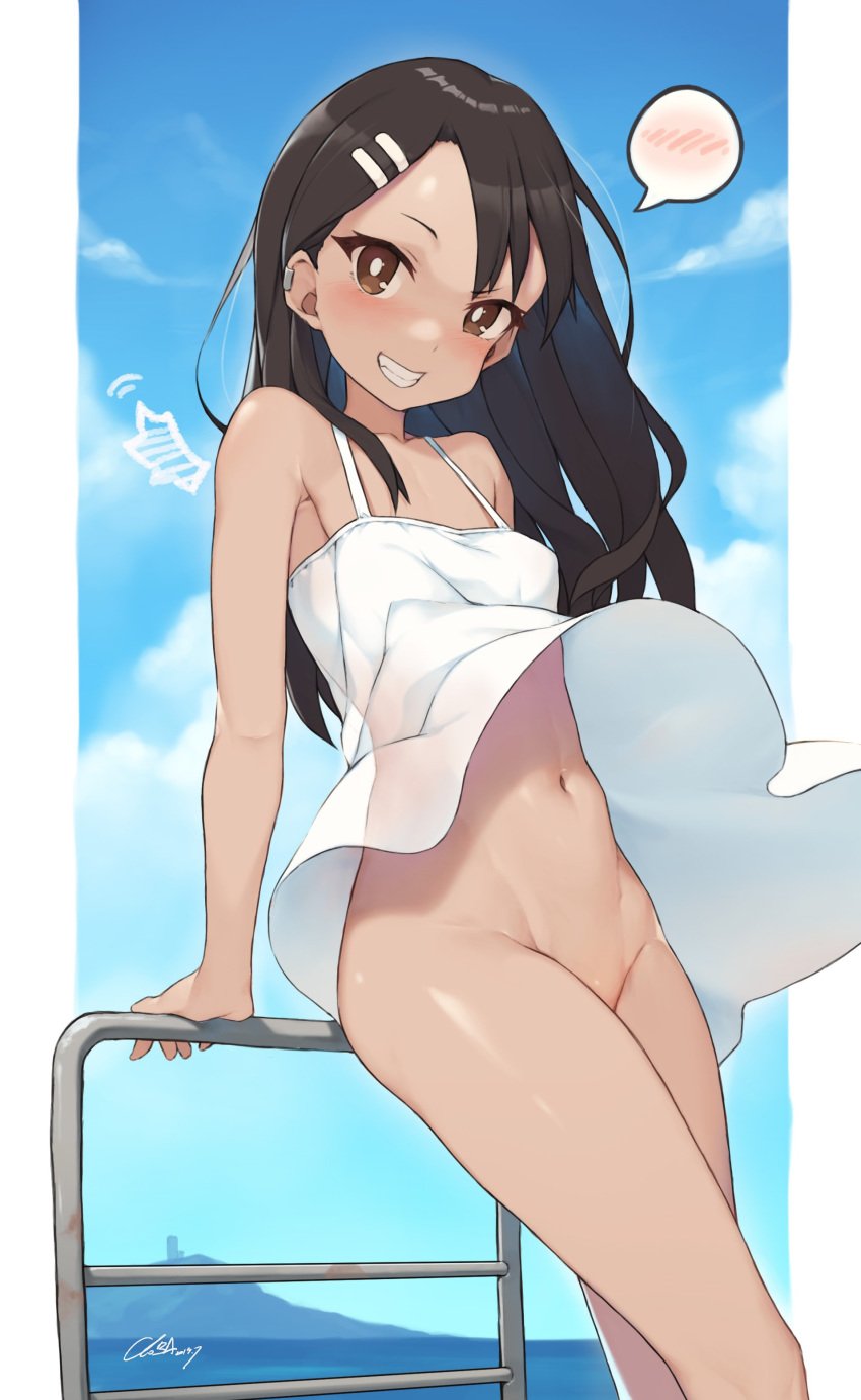 1girls armpit_peek black_hair blush bottomless_skirt brown_eyes cloba earring female female_focus female_only hayase_nagatoro looking_at_viewer no_panties nude petite please_don't_bully_me,_nagatoro sky small_breasts smile solo sundress tattoo teenager transparent_clothing wind