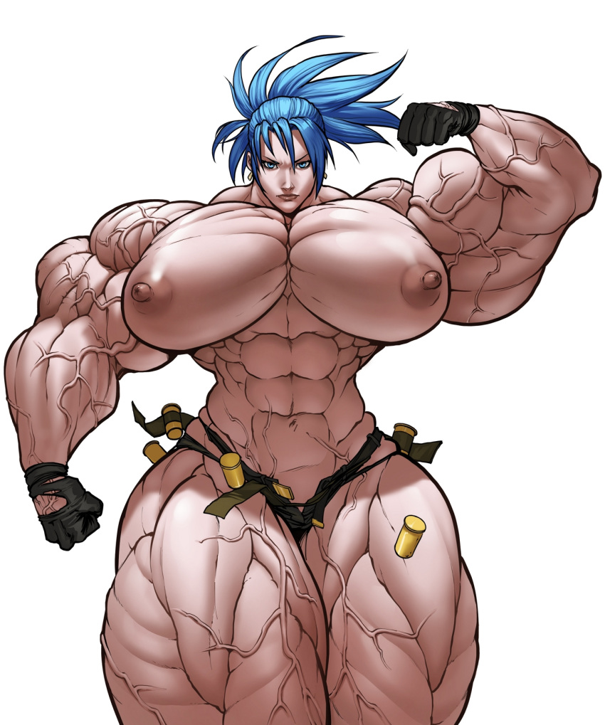 blue_eyes blue_hair breasts explosive extreme_muscles female flexing gloves grenade huge_breasts hyper_muscle king_of_fighters leona_heidern long_hair muscular muscular_female nude pectorals ponytail r2roh solo thick_thighs veins