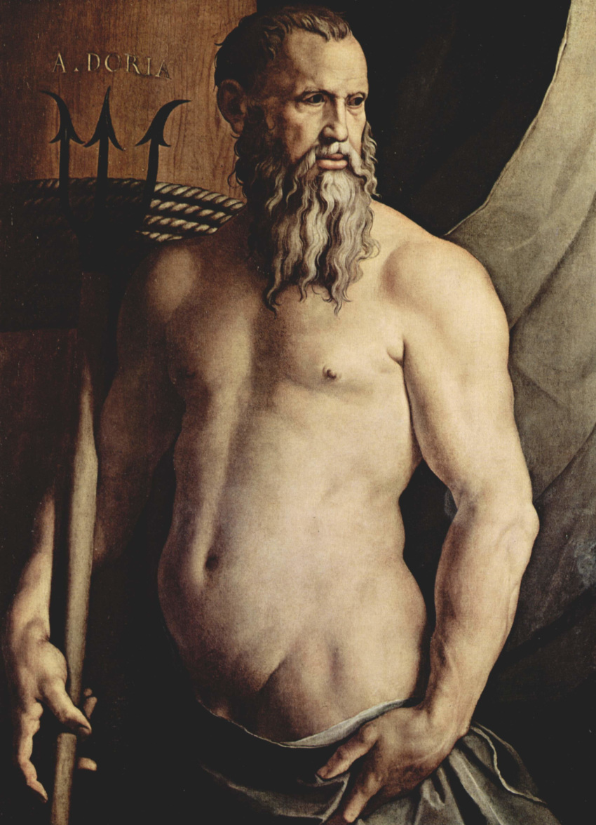 1boy beard convenient_censorship covered_penis deity erect_nipples facial_hair looking_to_the_side male male_only moustache neptune_(deity) partial_nudity penis poseidon solo trident