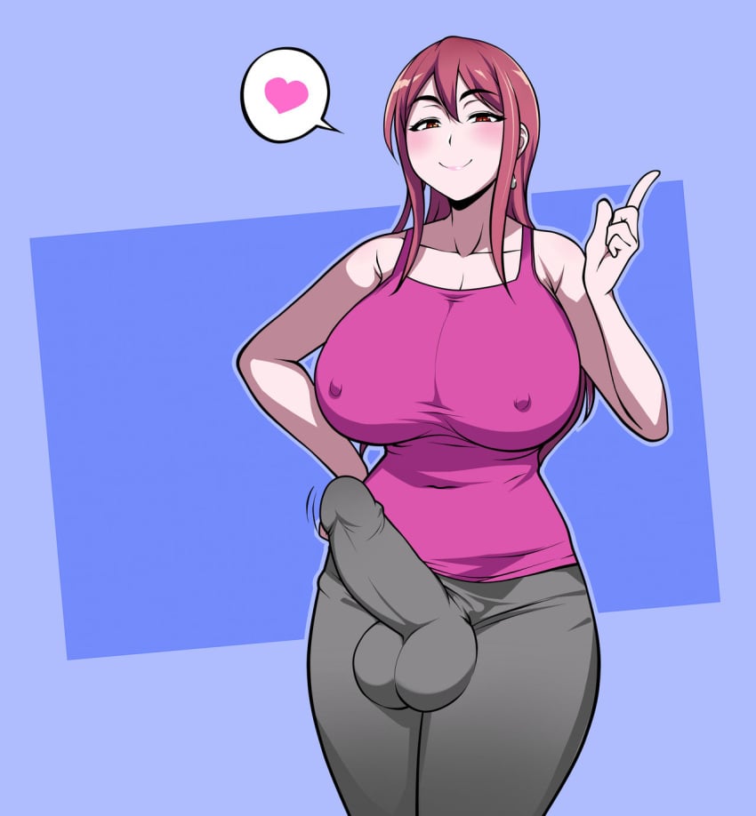 1futa balls big_balls big_breasts big_penis breasts cock_sock dickgirl erection erection_under_clothes futa_only futanari grey_pants hard_nipples huge_breasts jam-orbital light-skinned_futanari long_hair looking_at_viewer nipples_visible_through_clothing penis pink_hair pink_tank_top red_eyes smile smiling tight_clothing wide_hips