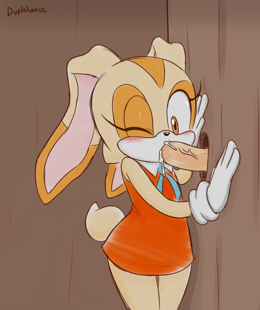 1girls blush brown_dress brown_eyes clothing cream_the_rabbit cub cum cum_in_mouth cum_inside dress duplichance fellatio female furry glory_hole legs_together male one_eye_closed open_mouth oral orange_dress penis sex sonic_(series) young