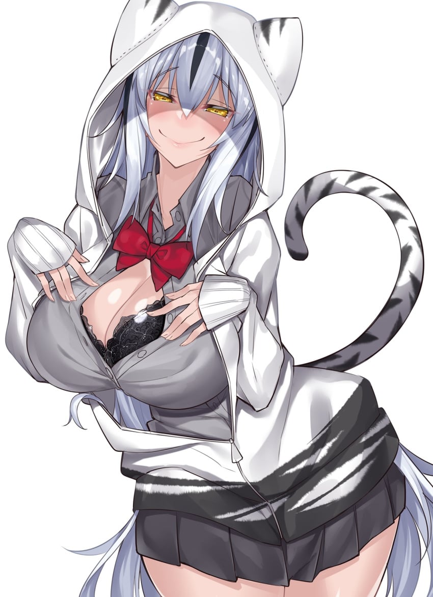 1girls alternate_hairstyle bra cat_ears cat_tail fate/grand_order fate_(series) female hoodie huge_breasts looking_at_viewer nagao_kagetora_(fate) school_uniform schoolgirl skirt thighs tiger_ears tiger_tail unbuttoned_shirt watosu_(watosu_mama) white_hair yellow_eyes