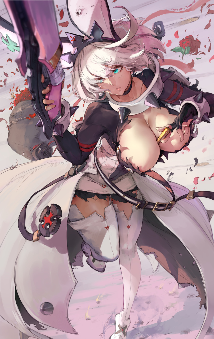 1girls artist_name between_breasts black_choker blue_eyes boots breasts choker cleavage cleavage_reach clover collar cutesexyrobutts elphelt_valentine female flower four-leaf_clover gray_hair grey_hair guilty_gear guilty_gear_xrd guilty_gear_xrd:_revelator gun hair high_resolution large_breasts leaning_forward petals rose rose_petals short_hair shotgun signature solo spiked_collar spikes thigh_boots thighhighs thighs very_high_resolution weapon white_hair white_legwear