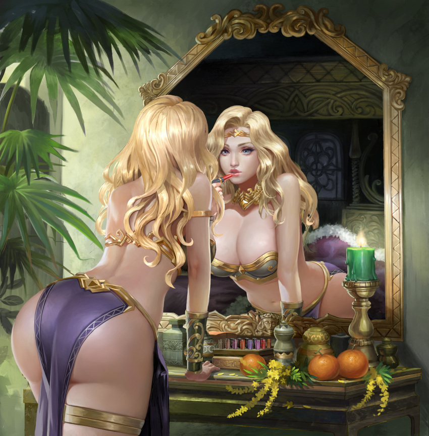 applying_lipstick ass belly_dancer belly_dancer_outfit blonde_hair blue_eyes candle character_request circlet cleavage dancer dancer_outfit harem_girl harem_outfit large_breasts loincloth long_hair longan_huynh mirror oranges original realistic thick_thighs voluptuous