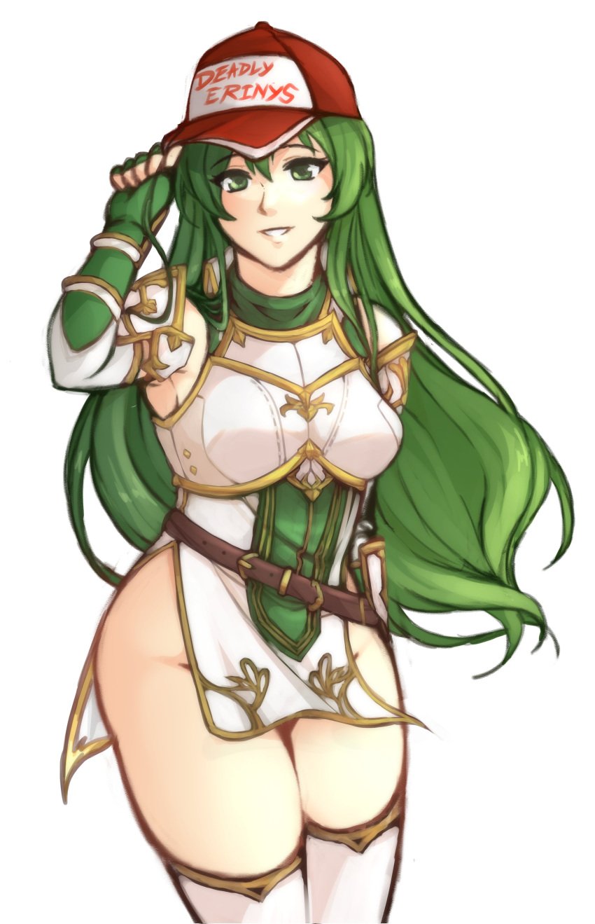 1girls absurdres armor bare_thighs breasts elbow_gloves erinys_(fire_emblem) fatal_fury female fingerless_gloves fire_emblem fire_emblem:_genealogy_of_the_holy_war fully_clothed gloves green_eyes green_hair hat highres long_hair looking_at_viewer medium_breasts nintendo no_panties pelvic_curtain simple_background smile solo solo_female thick_thighs thighs tridisart white_background