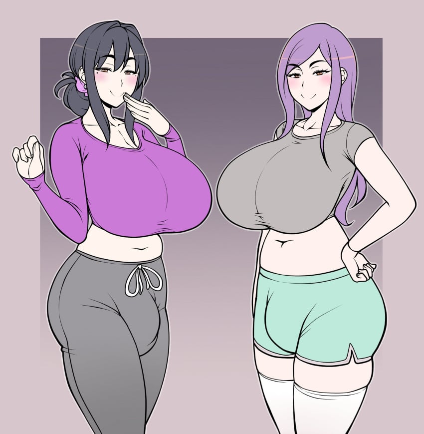 2futas belly black_hair booty_shorts breasts bulge dickgirl futa_only futanari huge_breasts jam-orbital long_hair looking_at_viewer mole mole_under_eye orange_eyes purple_hair slightly_chubby smile tagme thick_thighs tight_clothing wide_hips