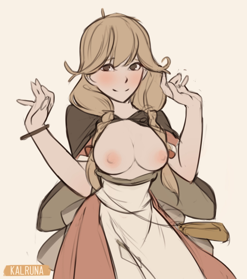 artist_name blush breasts breasts_out_of_clothes brown_eyes brown_hair dress faye_(fire_emblem) female fire_emblem fire_emblem_echoes:_shadows_of_valentia high_resolution kalruna nintendo nipples no_bra simple_background smile solo very_high_resolution wristbrand