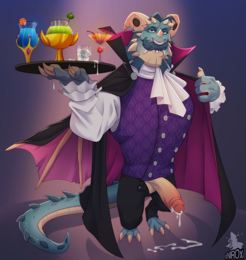 1boy activision alcohol anthro balls beverage bodily_fluids clothing cocktail conditional_dnp costume cum cum_in_a_cup dragon erection facial_piercing gavin_(spyro) genital_fluids genitals hi_res male male_only nose_piercing nose_ring penis piercing presenting rescued_dragons_(spyro) simple_background solo spyro_reignited_trilogy spyro_the_dragon vampire_costume video_games xnirox