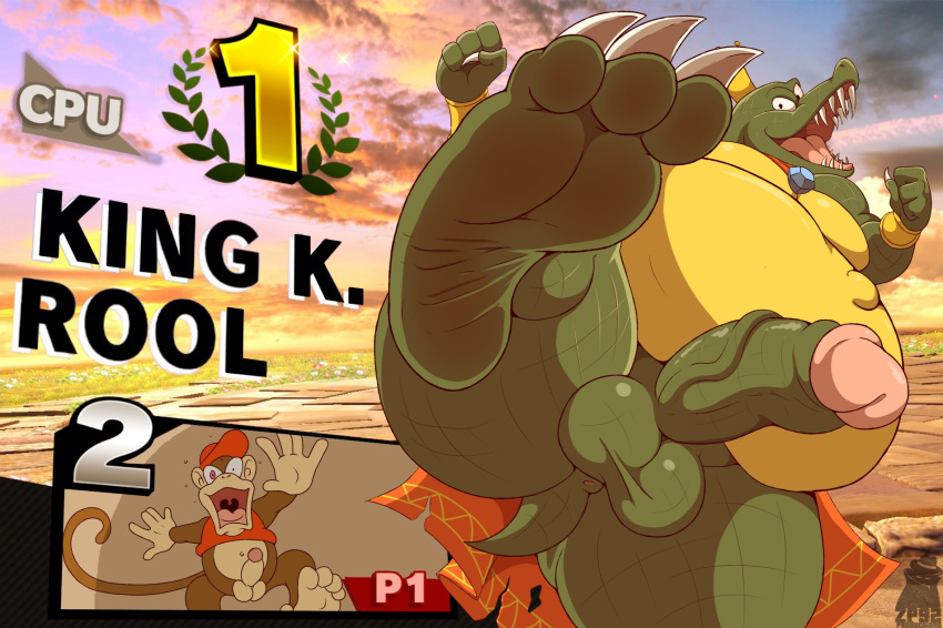 3_toes 4_fingers 5_fingers 5_toes anus ape balls belly big_belly boner brown_body brown_fur brown_tail cape chimpanzee claws clothed clothing crocodile crocodilian crocodylid crown detailed_background diddy_kong donkey_kong_(series) duo erection eye_contact feet fingers first_person_view foot_focus fur gem genitals green_balls green_body green_penis green_tail haplorhine hat headgear headwear hi_res humanoid_feet humanoid_genitalia humanoid_hands humanoid_penis k_rool looking_at_another looking_at_viewer looking_down looking_up low-angle_view male male_only mammal navel nintendo nude number open_mouth partially_clothed penis primate red_cape red_clothing red_hat red_headwear reptile scalie scared sharp_teeth shirt signature soles super_smash_bros. t-shirt tan_body tan_ears teeth text toe_claws toes tongue topwear underfoot video_games yellow_body zp92