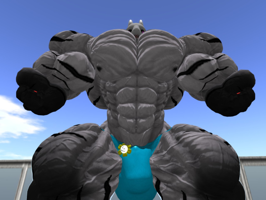 1boy 1male 3d 3d_(artwork) abs asriel_dreemurr asriel_dreemurr_(god_form) biceps big_chest big_pecs black_fur black_nipples blue_clothing buff caprine clothed clothes clothing flex goat horns hyper hyper_muscle hyper_muscles looking_at_viewer looking_down male male_only monochrome_fur muscle muscles muscular muscular_arms muscular_legs muscular_male muscular_thighs pecs second_life shirt solo striped stripes thighs thong undertale white_fur