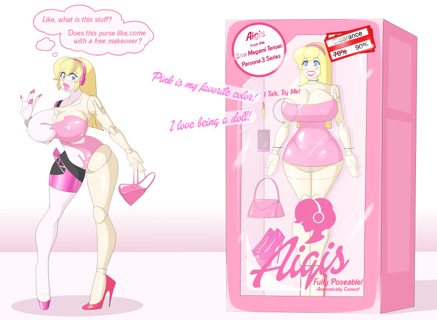 1girls aegis_(persona) aigis_(persona) barbie_(franchise) big_breasts big_lips bimbo bimbofication blonde_hair blue_eyes bow brain_drain breast_expansion breasts clothing confused confusion doll doll_box dollification dress erect_nipples erect_nipples_under_clothes eyelashes eyeshadow female female_only fully_clothed gynoid high_heels highres human_to_inanimate in_box in_container in_doll_box inanimate_object inanimate_transformation large_breasts leotard lips lipstick makeup persona persona_3 petrification pink_bow pink_dress pink_high_heels pink_lipstick pink_ribbon purse ribbon robot robot_girl sealguy short_hair solo standing stockings thick_legs thick_thighs thighhighs transformation transformation_(object) transformation_sequence video_game video_games voluptuous white_clothing white_leotard white_stockings white_thighhighs wide_hips