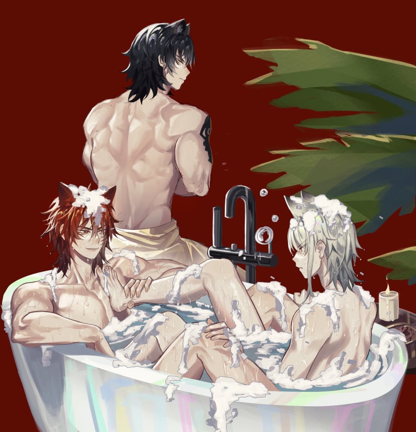 2023 3boys aosta_(arknights) arknights back bare_back bare_legs bath bathing bathroom bathtub black_hair broca_(arknights) chiave_(arknights) frustrated ginger_hair hi_res light-skinned_male light_skin male muscular muscular_male naked nude simple_background tattoo teasing weichunchunn white_hair wolf_boy wolf_ears