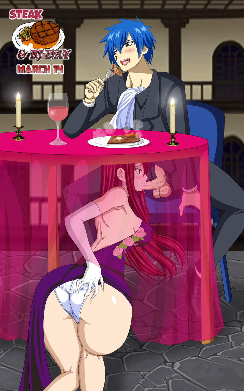 artemisumi ass ass_grab blowjob commission cum drinking_cum dripping_cum erza_scarlet fairy_tail fellatio jellal_fernandes oral panties public red_hair restaurant steak_and_bj_day stealth_sex under_the_table underwear white_panties