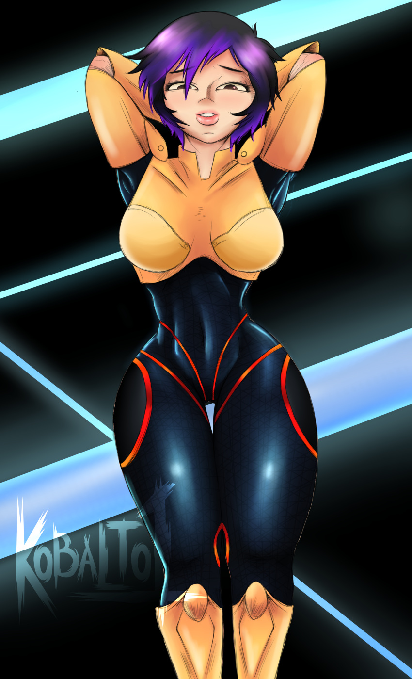 1girls alternate_version_available big_hero_6 bodysuit disney female female_only gogo_tomago hi_res kobalto1 marvel png purple_hair signature solo tagme thick_thighs tight_clothing