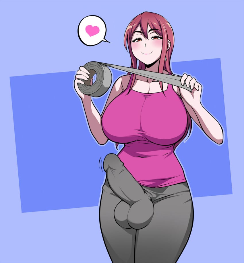 1futa balls big_balls big_breasts big_penis bottomwear breasts cock_sock dickgirl erection erection_under_clothes futa_only futanari genitalwear grey_pants hard_nipples huge_breasts jam-orbital long_hair looking_at_viewer penis pink_hair pink_tank_top pink_topwear red_eyes roll_of_tape smile smiling tank_top tape tight_clothing topwear wide_hips