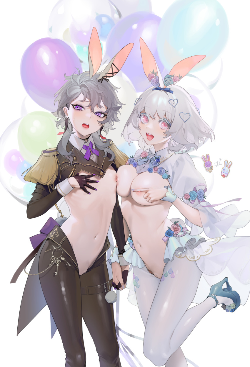 2girls animal_ears asymmetrical_docking balloon balloons belly belly_button big_breasts bow breasts bunny_ears chain covering_breasts exposed_breasts exposed_pussy female flat_chest flower_ornament flowers goat_girl_(ohisashiburi) grey_hair hand_on_breast hearts heels high_heels holding_hands keys medium_hair mouth_open multiple_girls nacchan_(ohisashiburi) navel ohisashiburi one_leg_raised one_leg_up original original_character original_characters pale-skinned_female pale_skin pink_eyes purple_eyes pussy reverse_bunnysuit shoulder_pads skindentation small_breasts smile stockings tagme uncensored white_hair