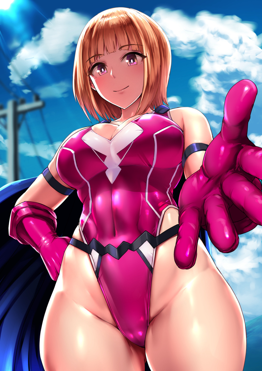 1girls big_breasts bodysuit breasts cameltoe cape cleavage female female_only gloves ishimiso_(ishimura) large_breasts looking_at_viewer short_hair solo thick_thighs wide_hips