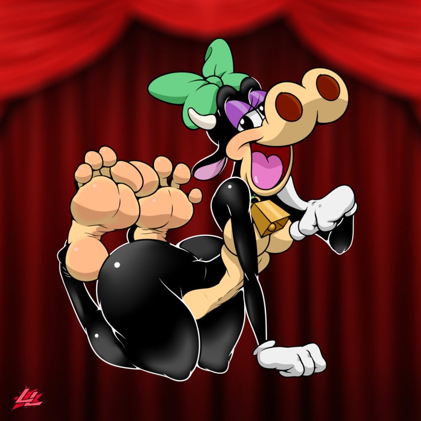 1:1 4_toes anthro anthro_only bovid bovine cattle clarabelle_cow clothing cowbell curtains disney feet female gloves handwear hi_res horn humanoid_feet lazzylad mammal nude open_mouth open_smile smile soles solo toes toony white_clothing white_gloves