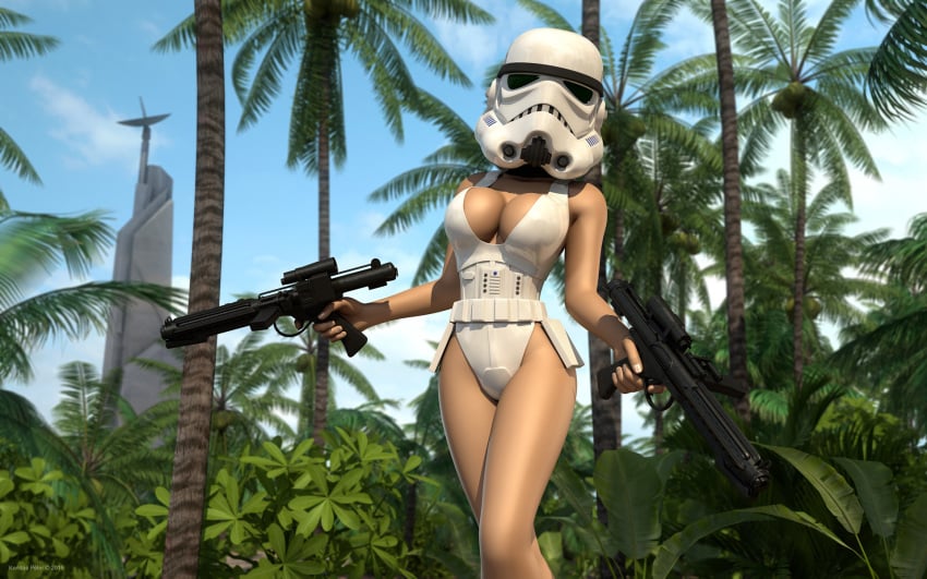 1girls 3d artist_name bare_shoulders big_breasts blaster busty cleavage curvy detailed_background eyelashes female female_only female_stormtrooper front_view helmet holding_object hourglass_figure human kondaspeter looking_at_viewer one-piece_swimsuit outdoor outside pose posing scarif shiny shiny_skin solo standing star_wars stormtrooper swimsuit thong tree voluptuous weapon wide_hips