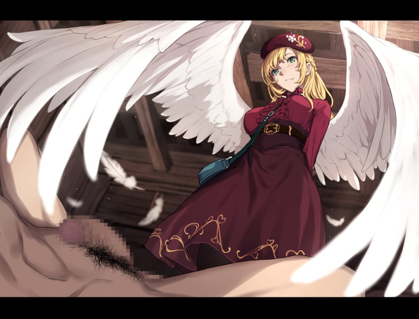 1boy angel_wings arms_behind_back bag beret black_legwear blonde_hair blush breasts censored clothing dress erys_jerand female from_below green_eyes handbag hat large_breasts mosaic_censoring nagioka_(sblack) pantyhose penis pubic_hair purple_headwear purple_skirt sblack skirt solo_focus star_ocean star_ocean_anamnesis wings