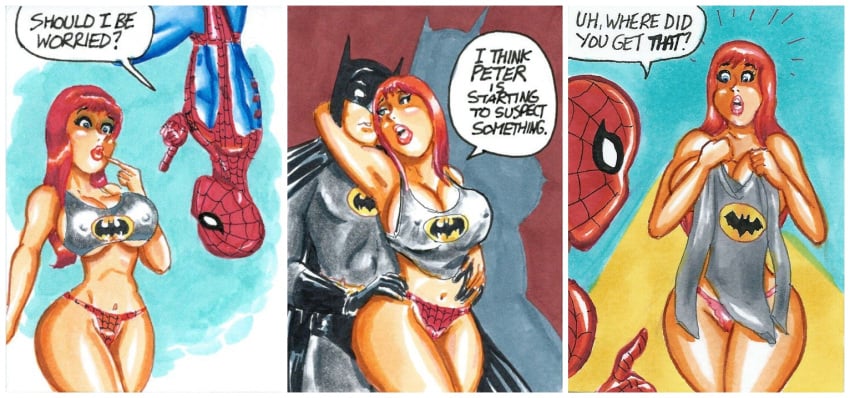 batman batman_(series) breasts bruce_wayne cheating cheating_wife crossover cuckold dc dc_comics dialogue joe_gravel large_breasts long_hair marvel marvel_comics mary_jane_watson nipples ntr panties red_hair sketch_card speech_bubble spider-man spider-man_(series) straight_hair surprised text