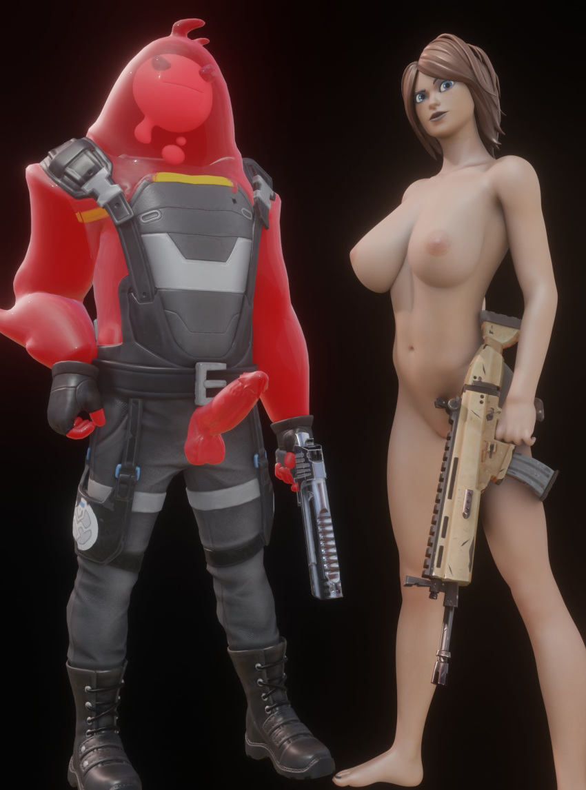 1boy 1girls 3d big_breasts black_toenails blue_eyes breasts brown_hair brown_lips clothed_male_nude_female female fortnite holding_weapon hydrah looking_at_viewer male nude nude_female penis red_penis sludge_(fortnite) tagme tntina weapon