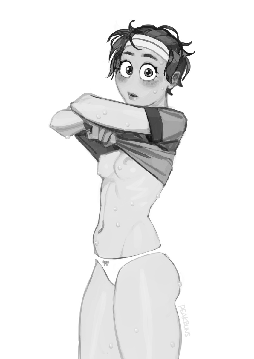 :o blush bow bow_panties breasts female greyscale headband highres messy_hair monochrome original panties peakbuns shirt short_hair simple_background small_breasts solo stomach sweat t-shirt tomboy underwear undressing very_short_hair white_background white_panties