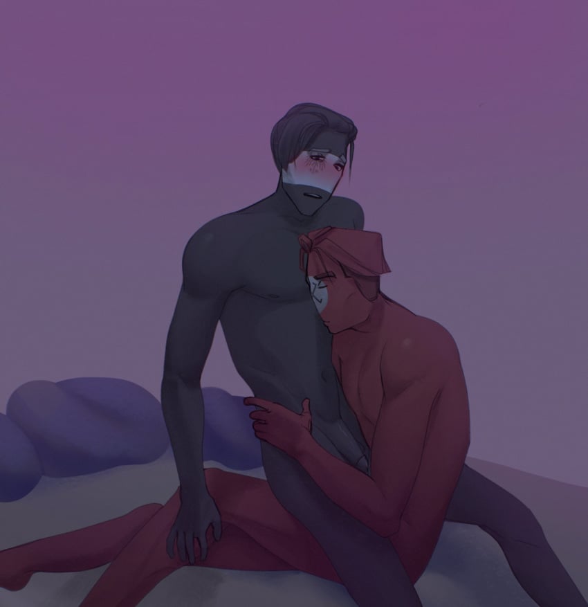 black_body black_hair body_kissing countryhumans gay incest male_only naked nazi_germany_(countryhumans) prussia_(countryhumans) purple_pillow red_body red_hair white_skin