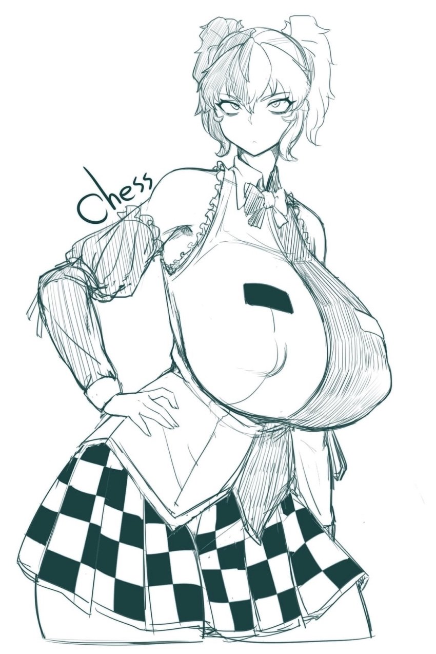 1girls big_breasts black_hair breasts chess chess_(parallax05) clothed female female_only hair human large_breasts looking_up muscular muscular_female parallax05 skirt tagme white_hair