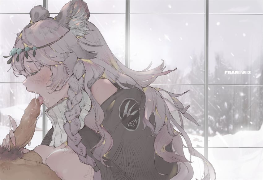 1boy animal_ears arknights bare_shoulders blush braid breasts cat_ears circlet closed_eyes erection fellatio female grey_hair long_hair oral penis pramanix_(arknights) pubic_hair sailor_collar solo_focus straight t_lege_d tears testicles tongue tongue_out very_long_hair