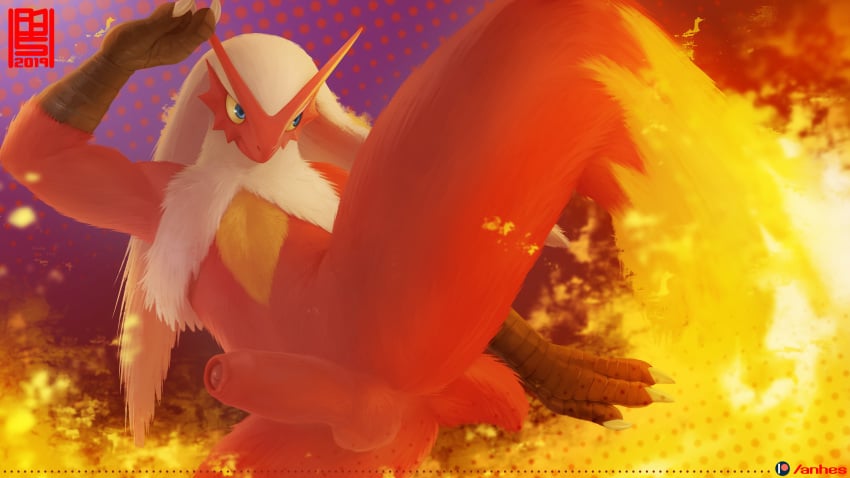 1boy anhes anthro anthrofied avian beak blaziken blonde_hair blue_eyes claws fire foreskin game_freak humanoid_penis male male_only nintendo nude patreon penis pokemon pokemon_(species) pokemon_rse pose red_feathers solo source_request spread_legs standing testicles text watermark yellow_sclera