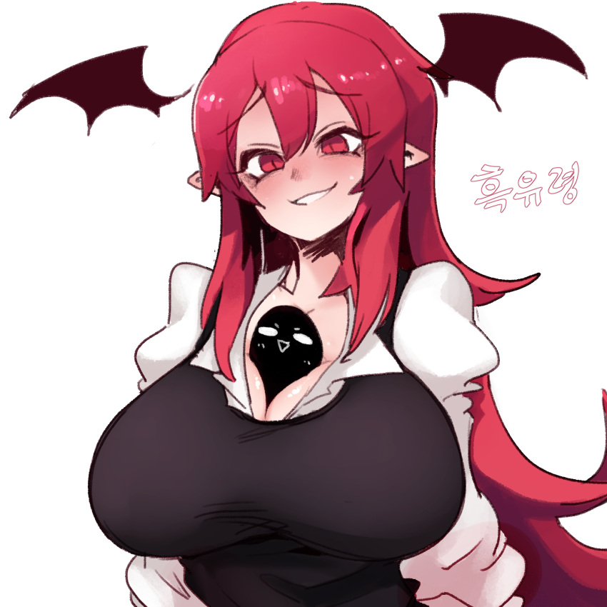 :d bangs between_breasts black_vest blush breasts cleavage eyebrows_visible_through_hair female full-face_blush glasses hair_between_eyes head_wings highres koakuma large_breasts long_hair looking_down nyong_nyong oerba_yun_fang red_eyes red_hair shirt simple_background smile solo succubus touhou upper_body very_long_hair vest white_background white_shirt