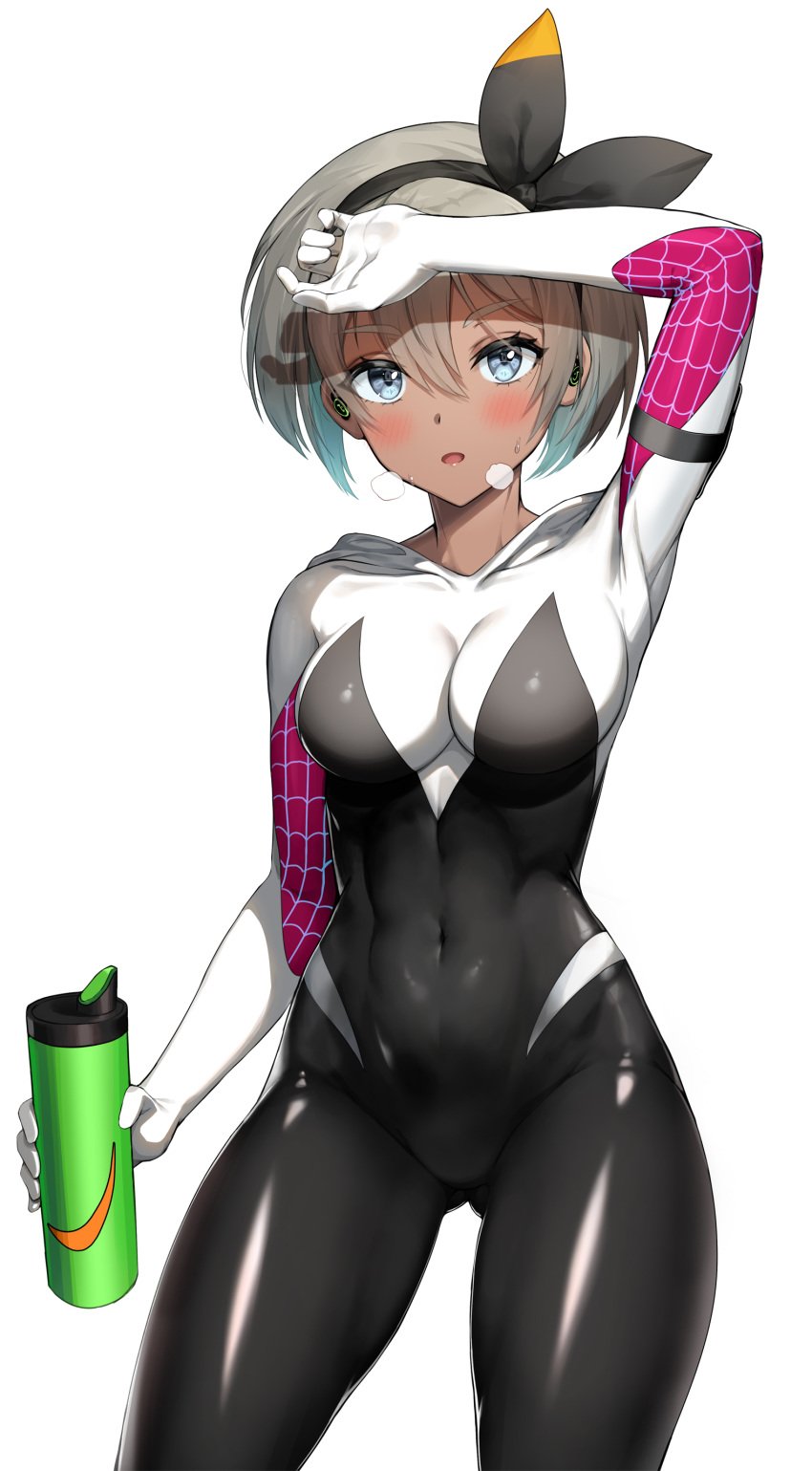 1girls abs arm_strap arm_up bangs bea_(pokemon) blue_eyes blush bodysuit bottle breasts cosplay cowboy_shot crossover dark_skin earphones eye_contact female fit greem_bang grey_hair hair_between_eyes hairband heavy_breathing high_resolution holding holding_bottle hood hood_down human looking_at_viewer marvel muscular muscular_female nintendo one_arm_up open_mouth pokemon pokemon_ss pose short_hair simple_background solo spider-gwen_(cosplay) spider-man_(series) thigh_gap toned very_high_resolution white_background wide_hips