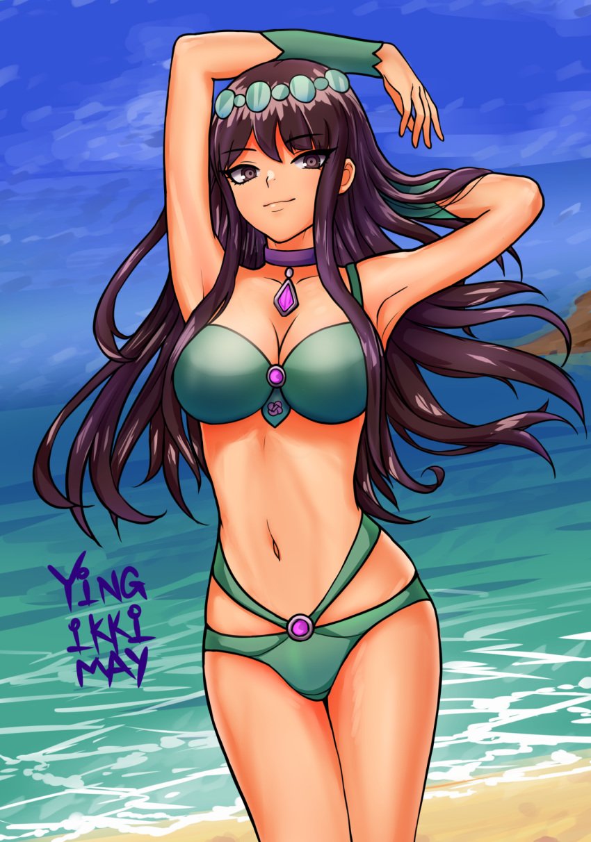 1girls arms_above_head beach bikini breasts brown_hair cleavage female green_bikini hi-rez_studios ikkimay light-skinned_female light_skin long_hair looking_at_viewer medium_breasts navel necklace paladins panties solo ying_(paladins)