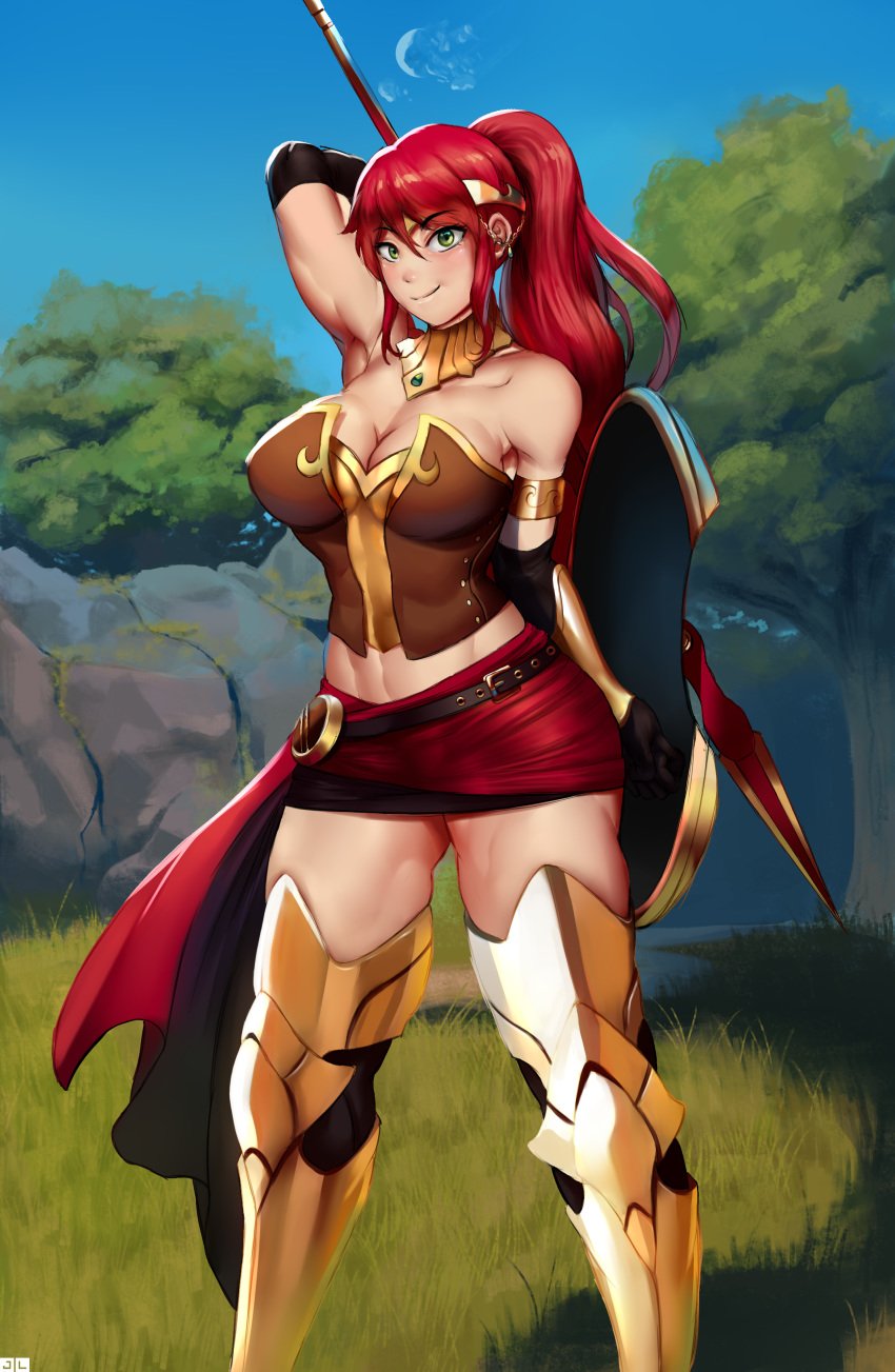 1girls abs akoúo̱_(rwby) alternate_breast_size arm_behind_back arm_up armlet armor armored_corset armpits bare_shoulders belly big_breasts blush breasts choker circlet cleavage clothed corset earrings eye_contact female female_only gorget grass greaves green_eyes headband high_ponytail high_resolution hips jewelry jlullaby large_breasts long_hair looking_at_viewer midriff miló_(rwby) muscular muscular_female navel outdoors ponytail pose pyrrha_nikos red_hair red_sash rwby sash shadow shield shiny_hair shiny_skin skirt source_request spear standing text thick_thighs thigh_gap thighhighs watermark weapon wide_hips