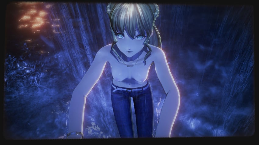 1girls 3d alternate_costume alternate_hairstyle bangs belt bracelet breasts code_vein collarbone female female_only green_eyes jeans long_hair mia_karnstein mod navel necklace nipples open_mouth ponytail shiny_skin small_breasts suggestive topless water waterfall