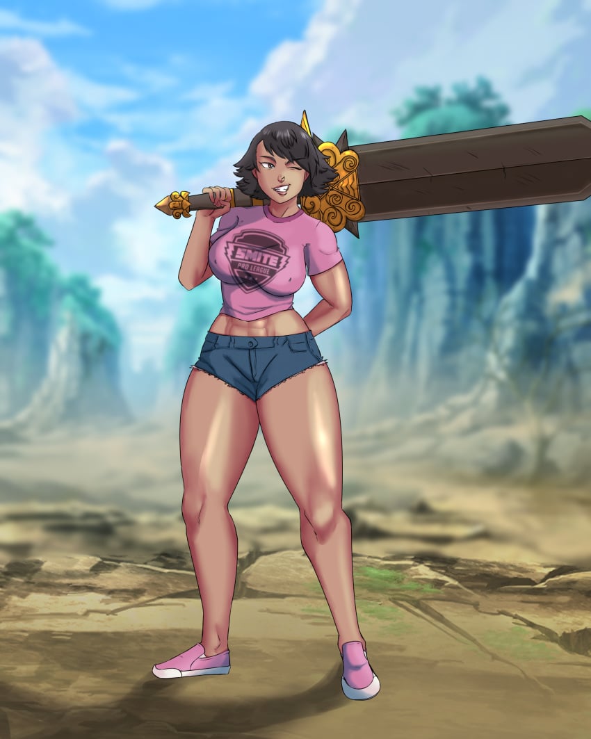 1girls abs bellona_(smite) female giant_sword setsunak short_shorts smite sneakers sword t-shirt weapon