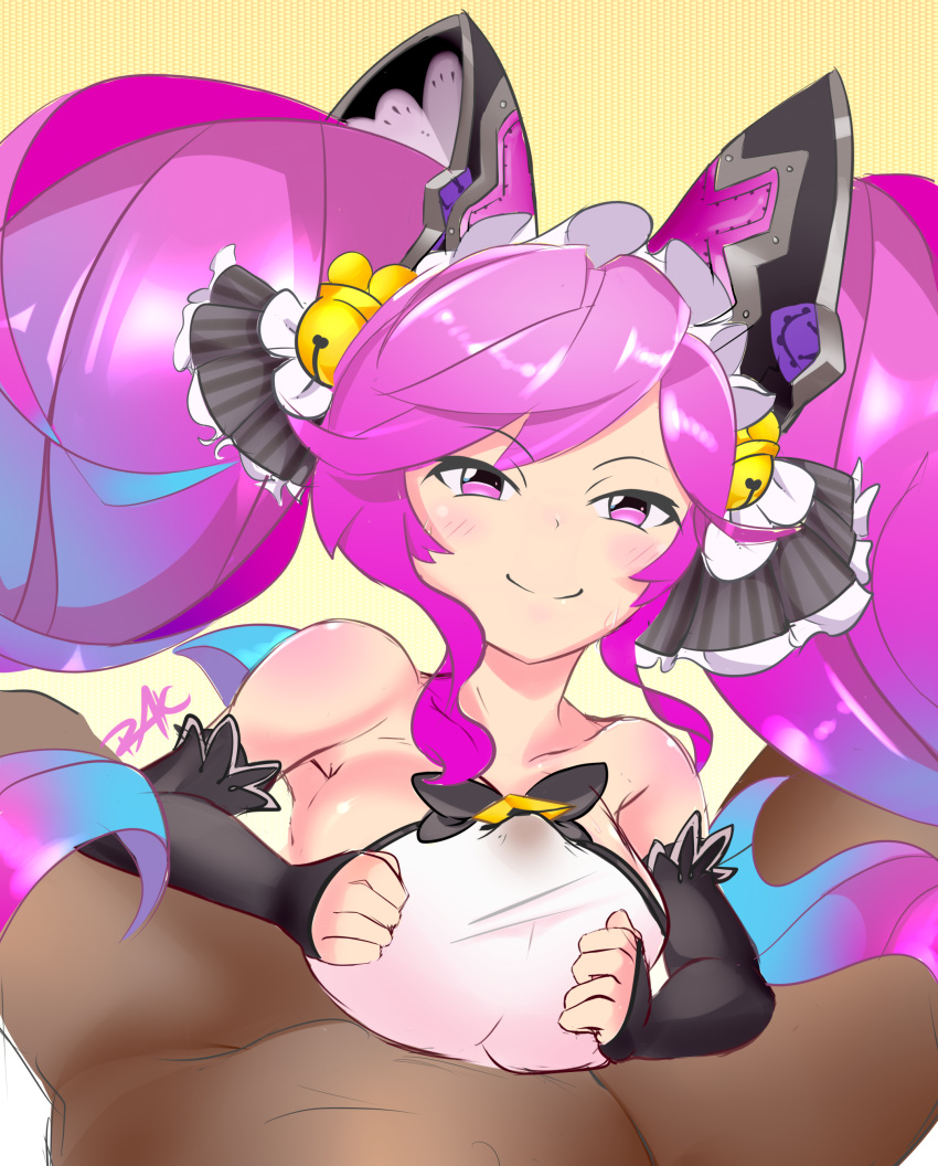 1boy 1girls blue_hair blush cleo_(dragalia_lost) clothed_female_nude_male clothed_sex dark-skinned_male detached_sleeves dragalia_lost gradient_hair hair_ornament interracial large_breasts nintendo nude paizuri paizuri_under_clothes pink_eyes pink_hair pov rak smile smug two_tone_hair