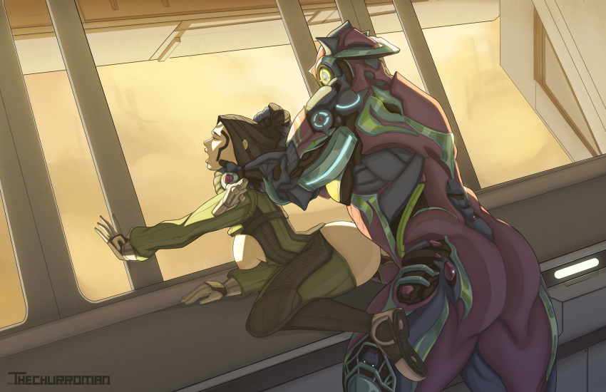 bent_over clothed_sex comba_(warframe) corpus futa_on_female futanari hair_pull hildryn_(warframe) open_mouth tattoo_on_face tattoos thechurroman warframe window