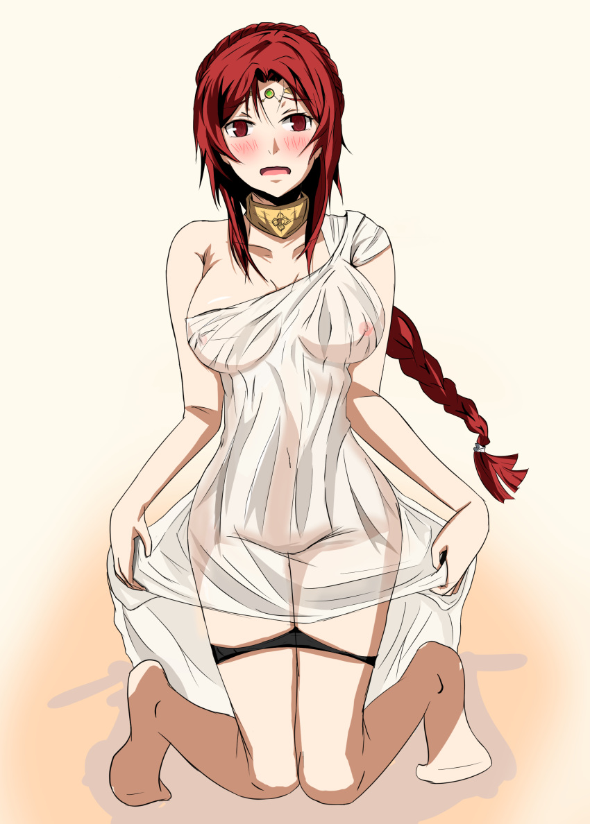 braid circlet clothing collar dress enslaved_royal eye_contact gate_-_jieitai_ka_no_chi_nite_kaku_tatakaeri nipples panties_down pina_co_lada_(gate) princess red_hair see-through see-through_clothing sex_slave slave slavegirl unknown_artist