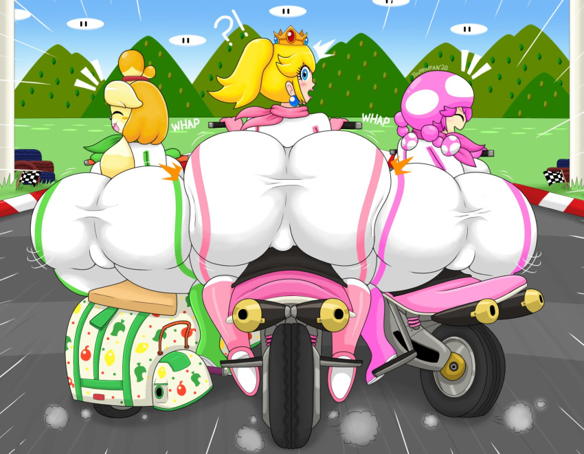 3girls animal_crossing anus_visible_through_clothes ass ass_focus ass_press ass_to_ass belt big_ass big_butt bodysuit boots bubble_ass bubble_butt butt_focus canine clothing dat_ass dog_humanoid dog_tail female female_only flaunting footwear gigantic_ass handwear horny huge_ass human isabelle_(animal_crossing) jumpsuit laughing mario_(series) mario_kart multiple_girls nintendo outdoors pale_skin princess_peach scooter showing_ass showing_off skintight skintight_suit sky surprise take_your_pick thick_ass toad_(mario) toadette touhoufan vehicle vespa_(vehicle) yuri