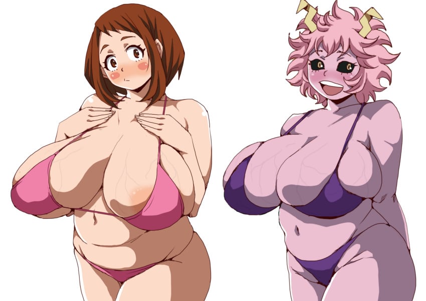 2girls areola_slip bbw belly big_ass big_breasts bikini blush brown_hair curvaceous horns huge_breasts inacap10 large_areolae large_breasts looking_at_viewer mina_ashido my_hero_academia ochako_uraraka pink_hair pink_skin plump sagging_breasts skindentation thick_thighs veiny_breasts venus_body voluptuous wide_hips