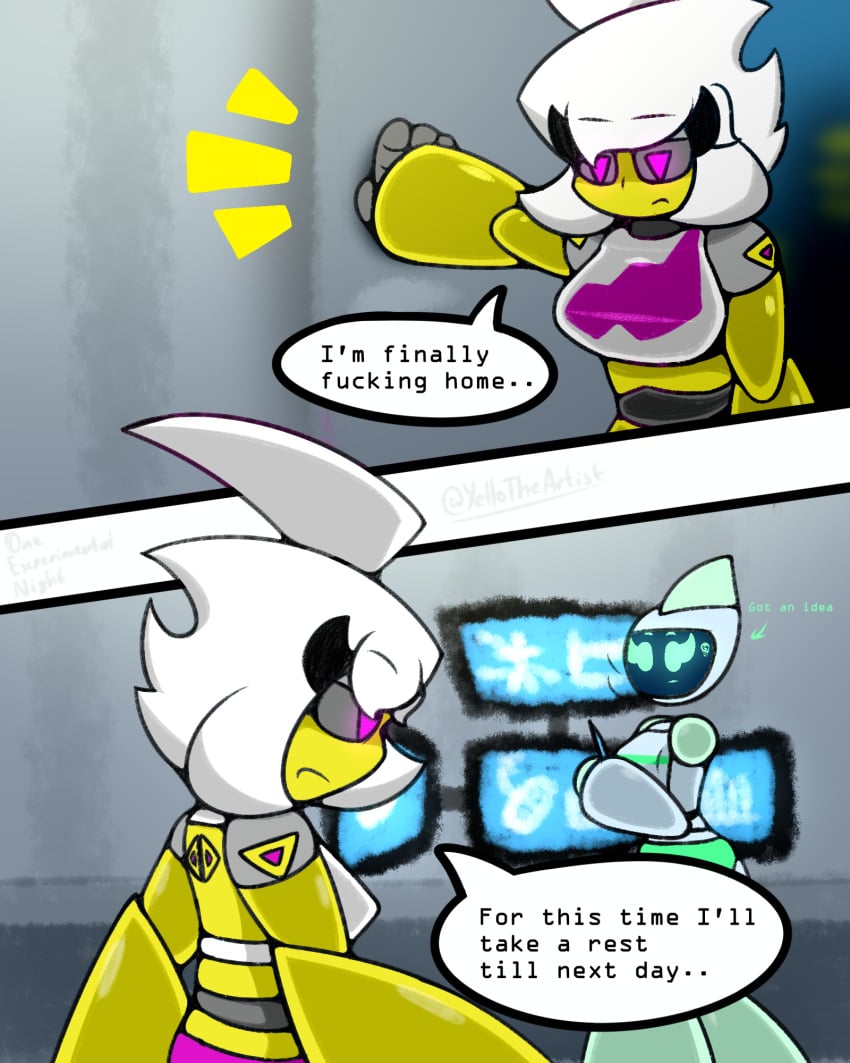 comic comic_page geometry_dash marra_(yellolight) one_experimental_night_(yellolight) robot robot_girl screen_face text text_bubble trianna_(yellolight) yellolight