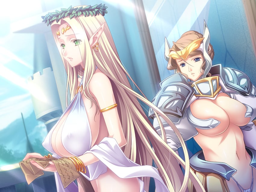 2girls armor blonde_hair blue_eyes breasts brown_hair celestine_lucross claudia_levantine dutch_angle earrings elf elf_female female_elf game_cg green_eyes hair_ornament hikage_eiji huge_breasts jewelry kuroinu_~kedakaki_seijo_wa_hakudaku_ni_somaru~ long_hair long_pointy_ears lots_of_jewelry milf multiple_girls nexton outdoors pointy_ears revealing_clothes skimpy_armor very_long_hair