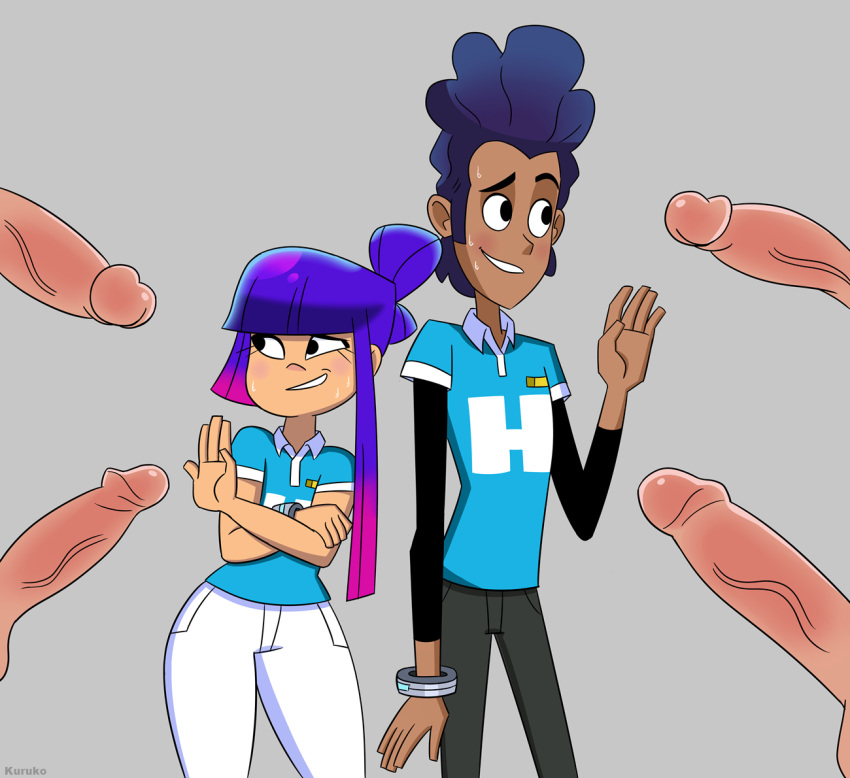 1girls bisexual bisexual_male blush both_sexes_in_same_situation clothed dark-skinned_male embarrassed female glitch_techs group_sex hector_nieves high_resolution kuruko looking_away male miko_kubota multiple_penises nickelodeon penis smooth_skin sweat