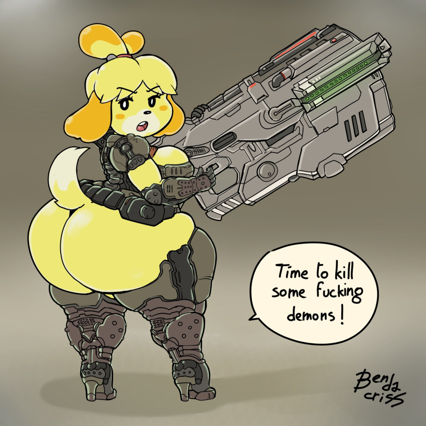 1girls alternate_breast_size alternate_outfit animal_crossing bendacriss big_breasts bottom_heavy bottomless chubby color cosplay crossover dat_ass doom doom_eternal doom_slayer_(doom) english_text eye_contact fat_ass footwear from_behind gauntlets greaves gun half-closed_eyes handwear heel_boots highres huge_ass isabelle_(animal_crossing) looking_at_viewer looking_back meme nintendo power_armor solo solo_female speech_bubble text thick_thighs watermark wide_hips