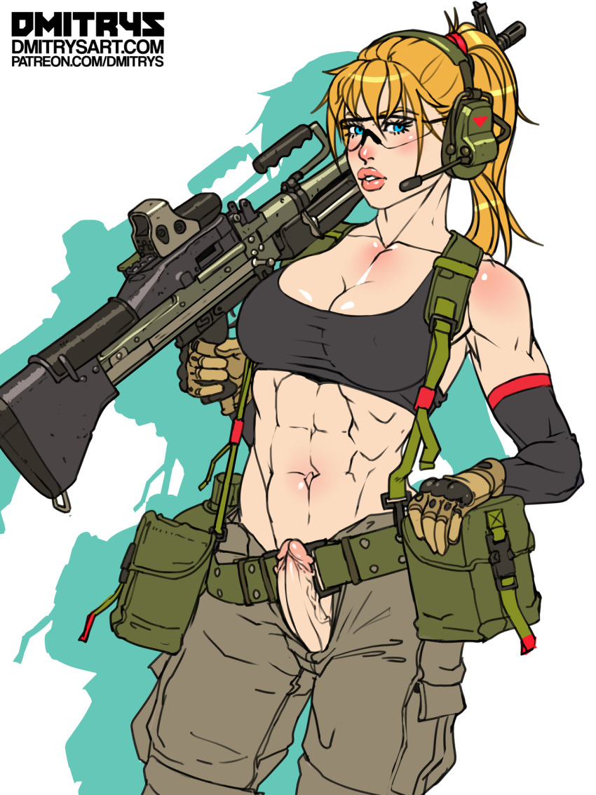 1futa abs big_breasts big_penis blonde_hair blue_eyes blush breasts busty cleavage clothed curvy dickgirl dmitrys emily_(dmitrys) erect_nipples_under_clothes erection fit futa_only futa_sans_balls futanari gun herm intersex large_breasts long_penis looking_at_viewer muscles muscular muscular_futanari penis posing rifle solo solo_futa thick_penis thick_thighs weapon wide_hips